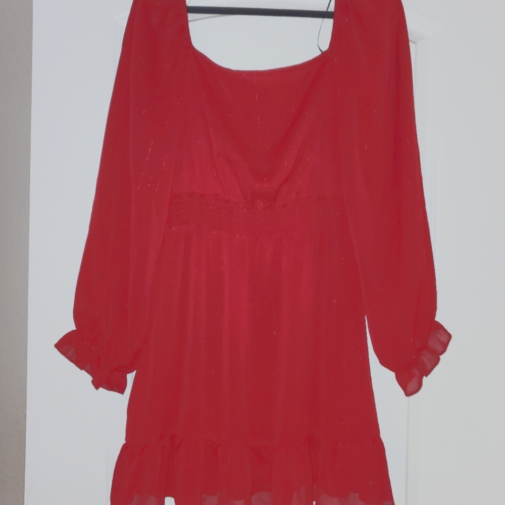 Altar'd State, L, Midi Dress, Maroon/deep red, Tinsel Strands, Sheer Sleeve
